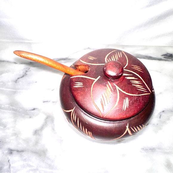 Handcrafted Wooden Japanese Style Sugar or Spice Bowl with and Lid Spoon Carved - Picture 4 of 11
